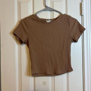 Bozzolo Medium Ribbed Brown Short Sleeve Crop Top Stretchy